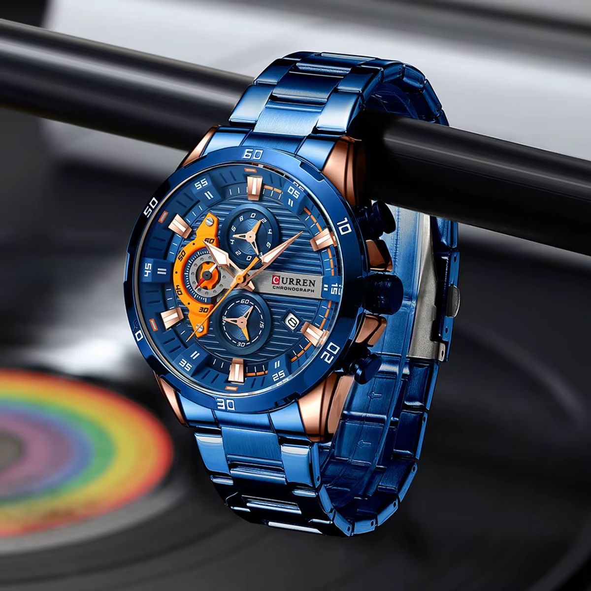 CURREN - RELOJ CURREN ORIGINAL ACERO CRONOGRAFO M8402 AZUL NARANJA