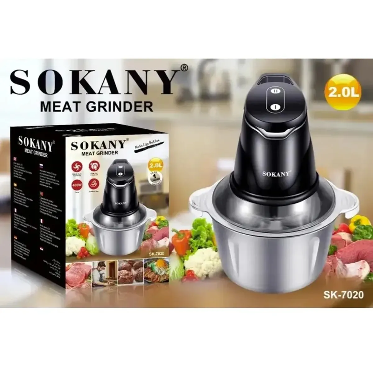 SOKANY - Picadora Eléctrica 2L Acero Inoxidable 400W