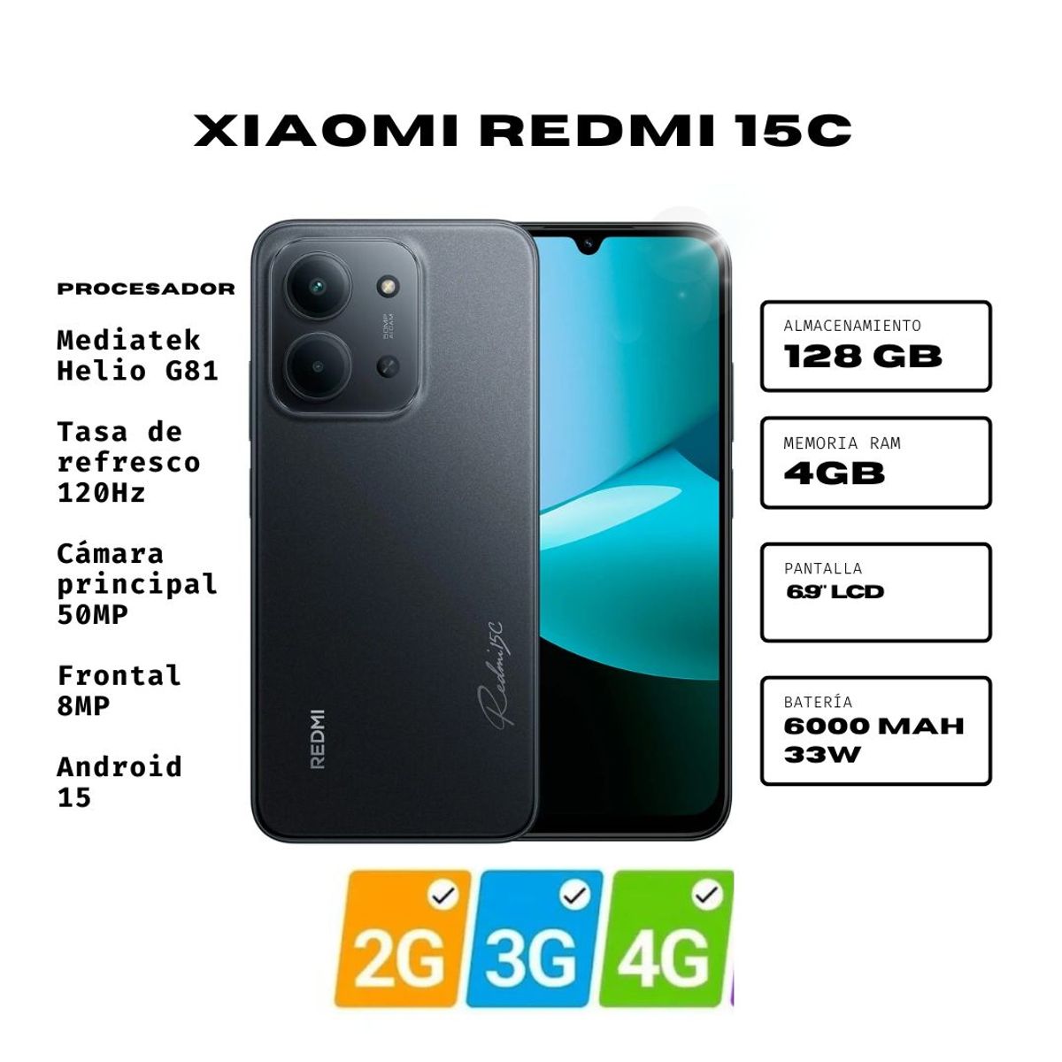 XIAOMI - Celular Xiaomi Redmi 15C - 4Gb Ram + 128Gb - Negro Ocaso