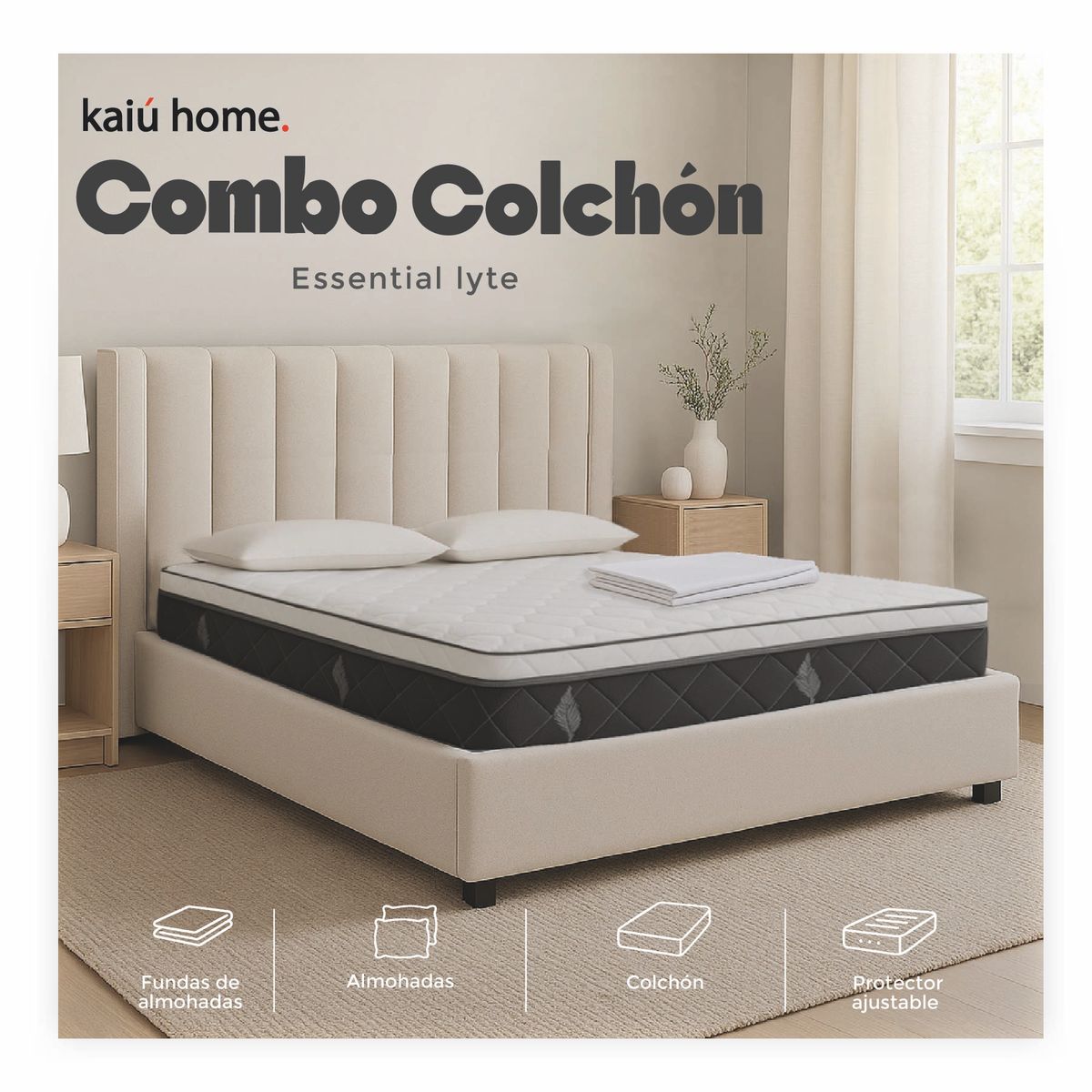 KAIU HOME - Combo Colchon Essencial Lyte 140x190 + 2 Almohadas + Sabana Resortada + 2 Fundas