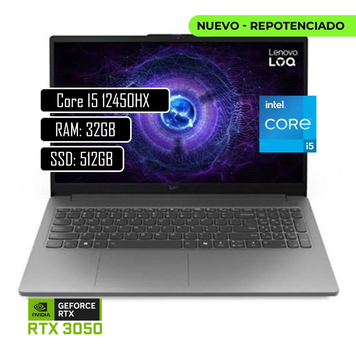 Lenovo - PORTATIL GAMER LENOVO LOQ Core i5 12450HX 32GB RAM DDR5 RTX 3050 6GB SSD 512GB
