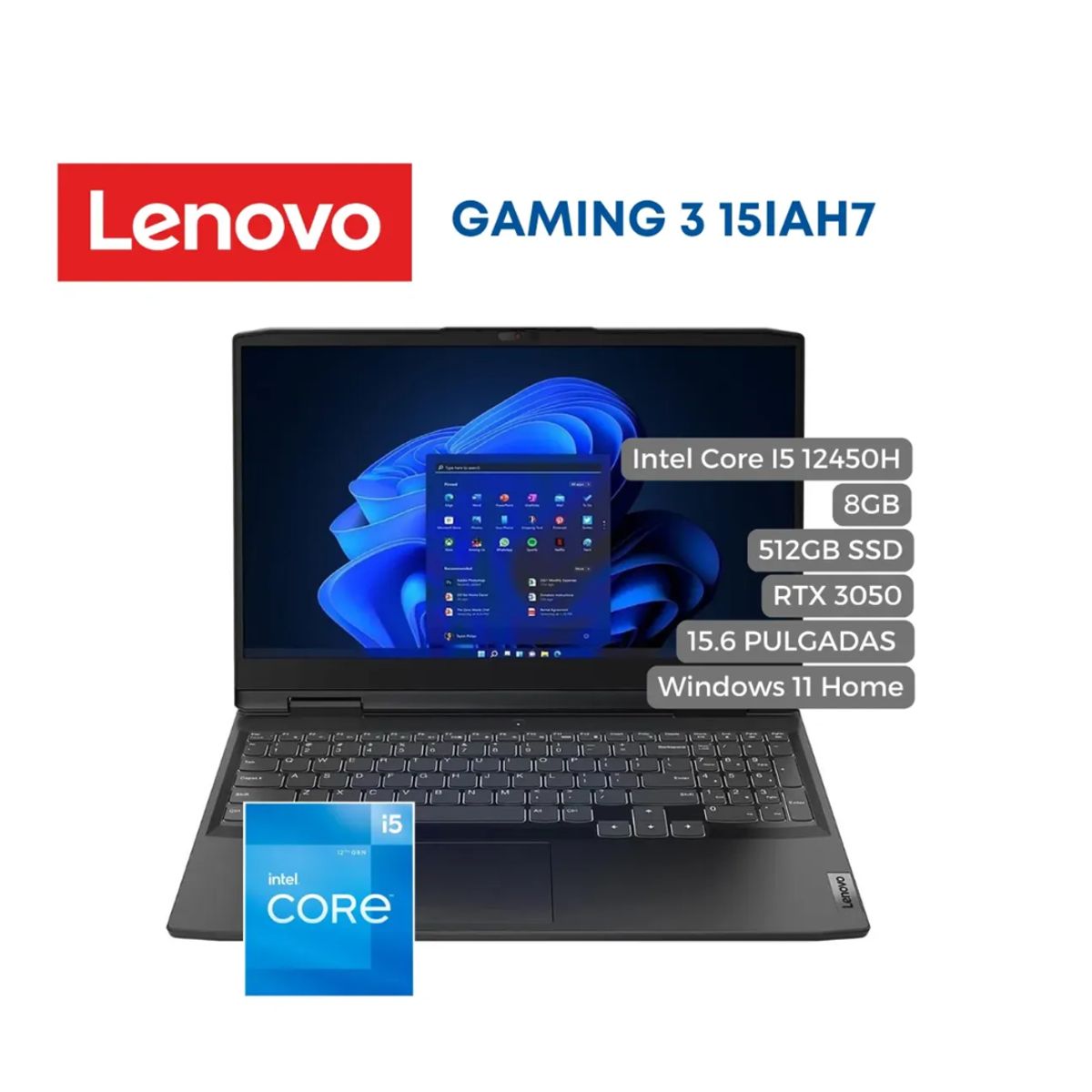 LENOVO - Portátil Lenovo IdeaPad Gaming 3 15IAH7 Intel Core I5 12450H, 8GB, 512GB SSD, 15.6"