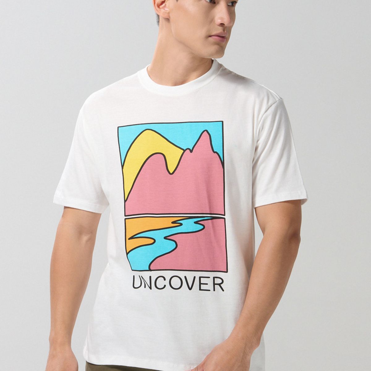 KOAJ - KOAJ Camiseta unicolor cuello redondo con diseño de paisaje Hombre