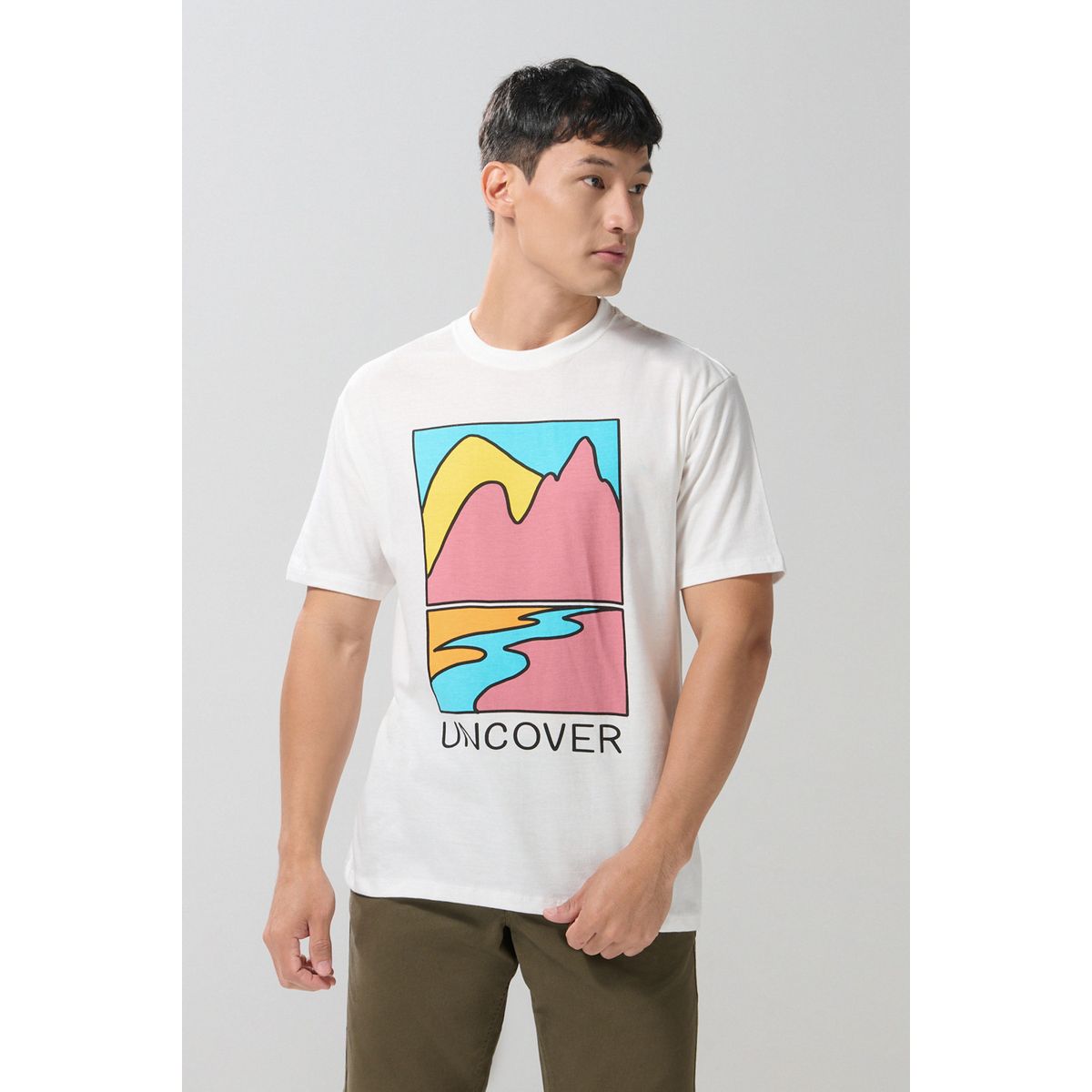KOAJ - KOAJ Camiseta unicolor cuello redondo con diseño de paisaje Hombre