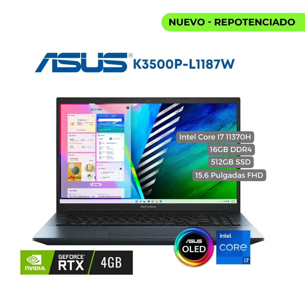 ASUS - Portátil Asus K3500P Intel CI7 11370H, 16GB, 512SSD PCIe, 15.6" OLED FHD, W11, RTX 3050 4GB