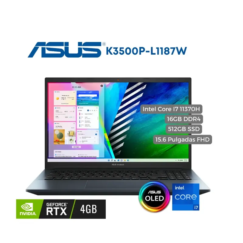 ASUS - Portátil Asus K3500P Intel CI7 11370H, 16GB, 512SSD PCIe, 15.6" OLED FHD, W11, RTX 3050 4GB
