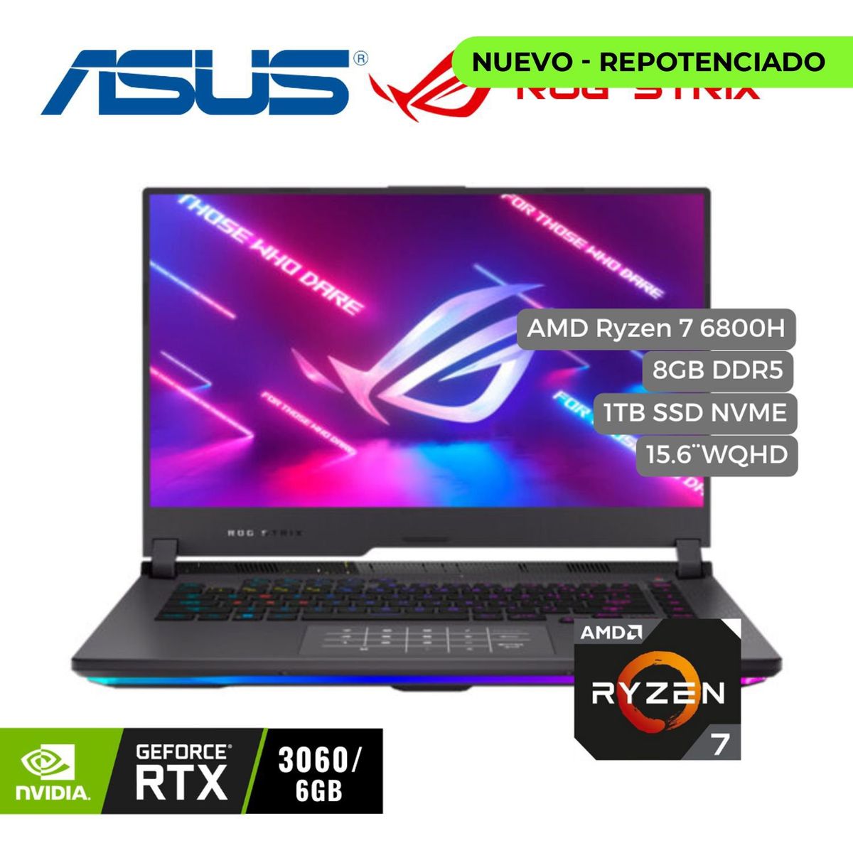 ASUS - Portatil Asus ROG STRIX Ryzen 7 6800H, 1TB PCIe SSD, 8GB DDR5, 15.6" WQHD, RTX 3060 6GB