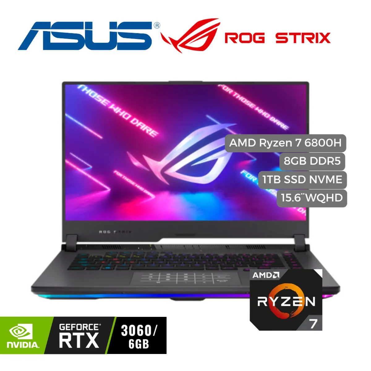 ASUS - Portatil Asus ROG STRIX Ryzen 7 6800H, 1TB PCIe SSD, 8GB DDR5, 15.6" WQHD, RTX 3060 6GB