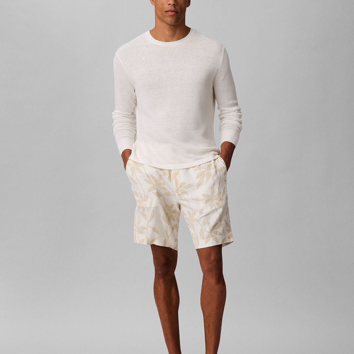 CALVIN KLEIN - Pantaloneta beige de lino con estampado Calvin Klein