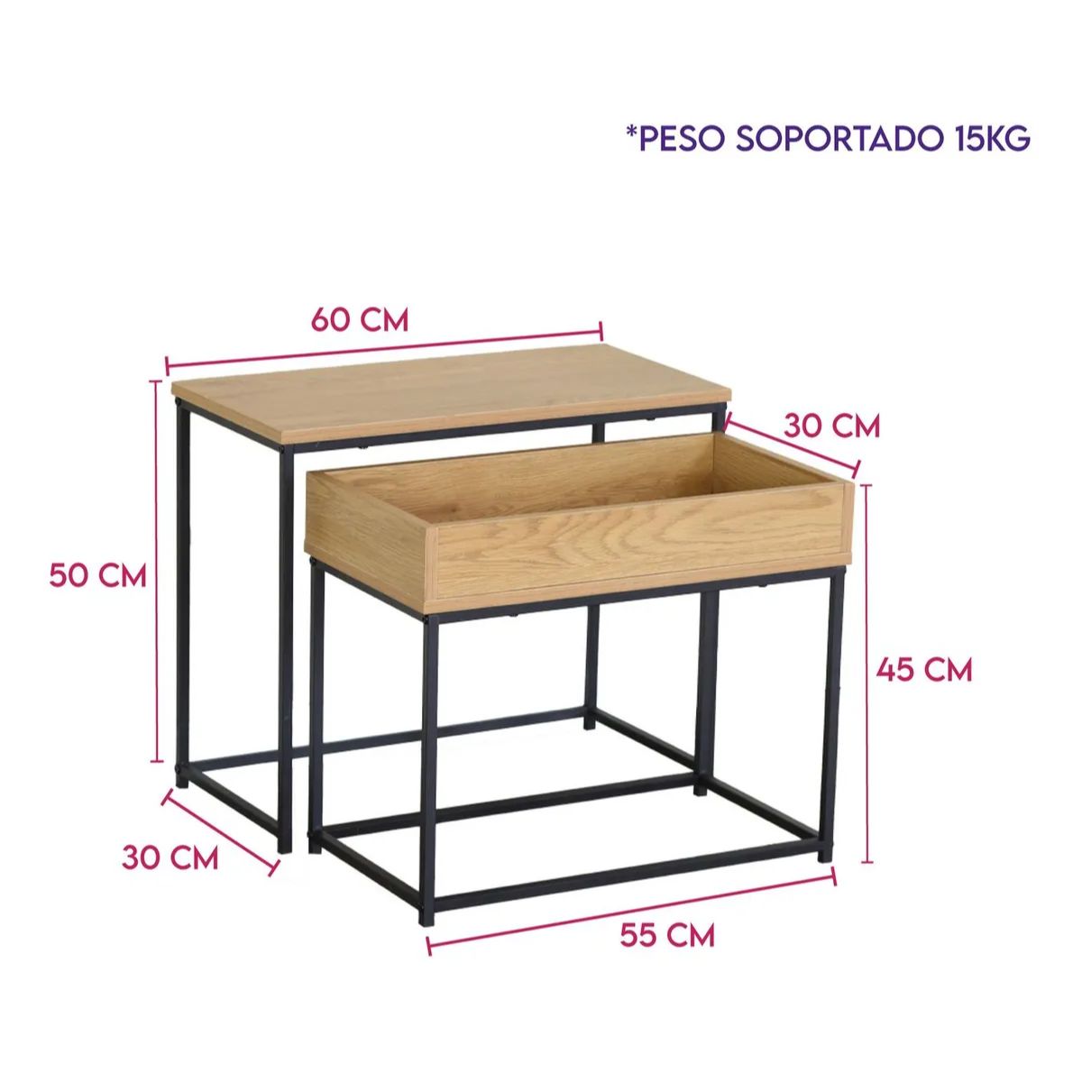 GENERICO - Mesa Auxiliar Nido Con Cajón Decorativa Industrial Refgaston