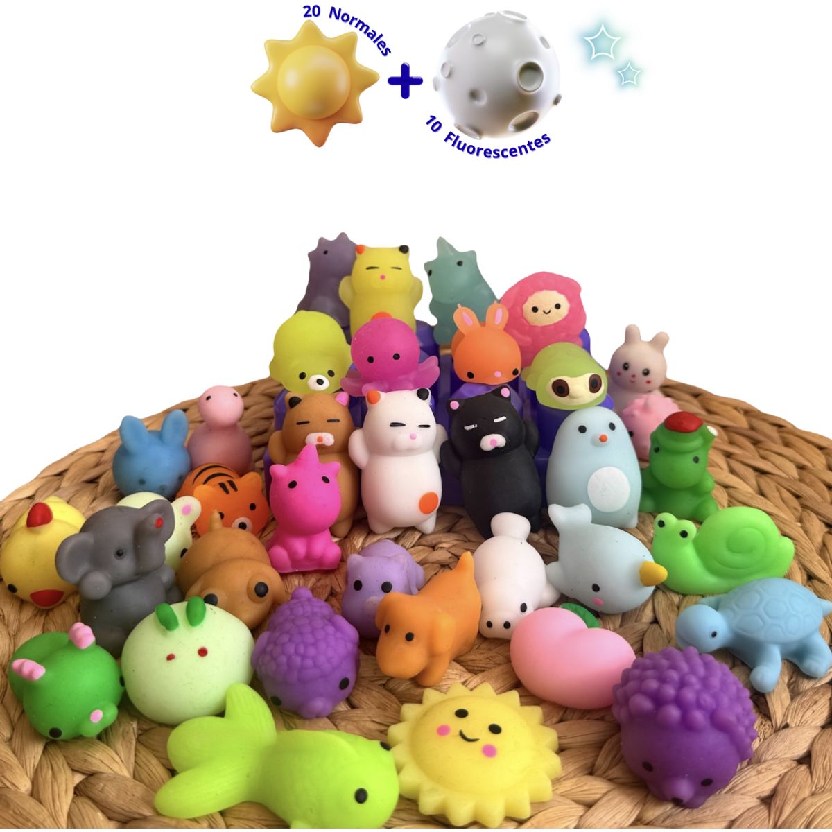 GENERICO - Set 30 Mochis Antiestrés Evanthi 20 Normales 10 Ilumimochis Bolsa de Koala