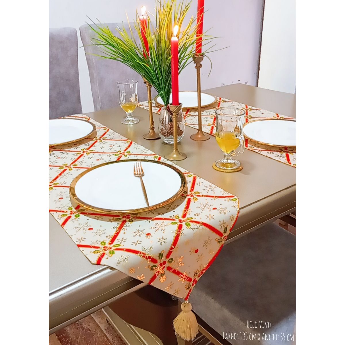 GENERICO - Camino de Mesa Navideño Dorado con Borlas-hecho a mano 135 cm  X 35 cm