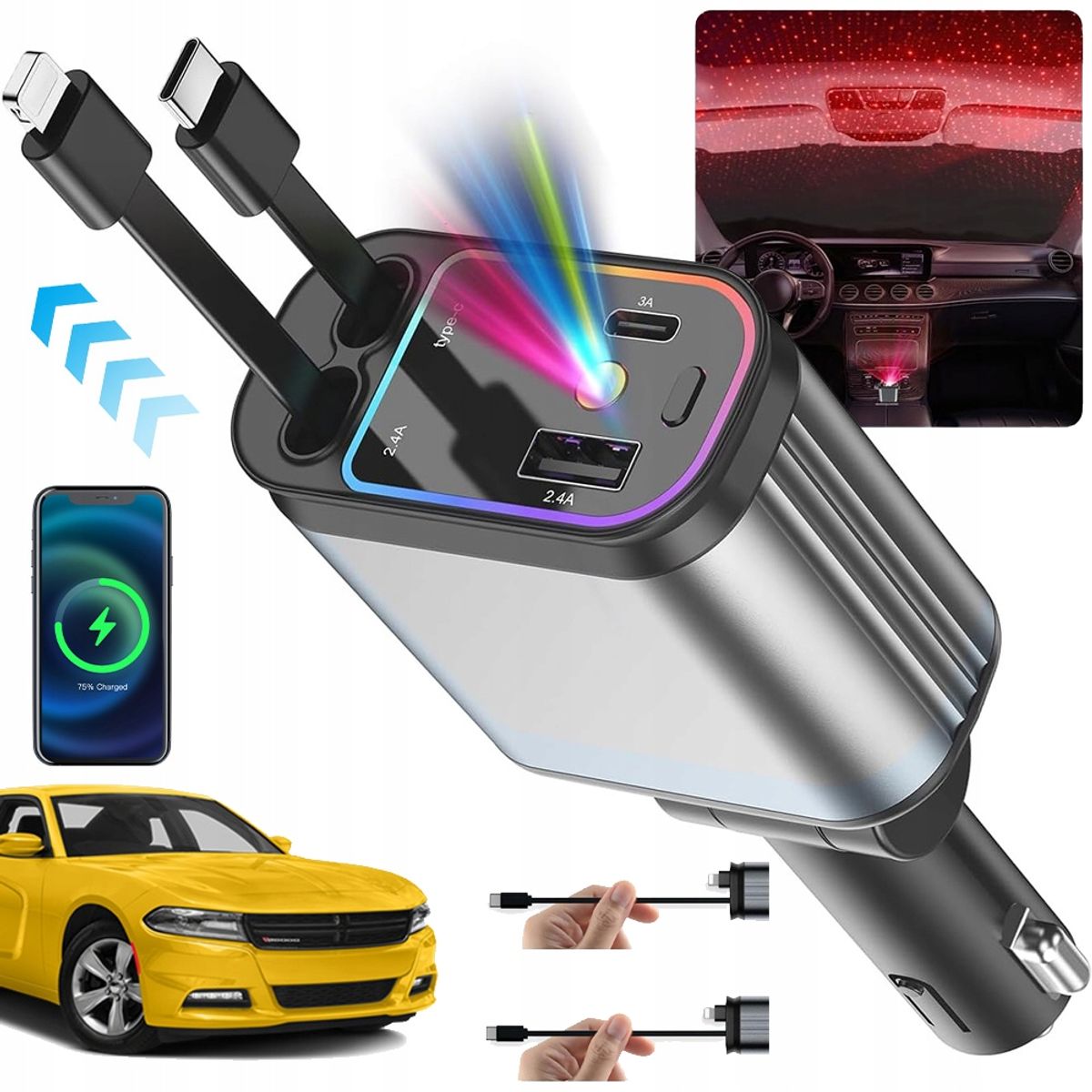 SHUNGA - Cargador De Carro 4 En 1 Con Proyector Estelar