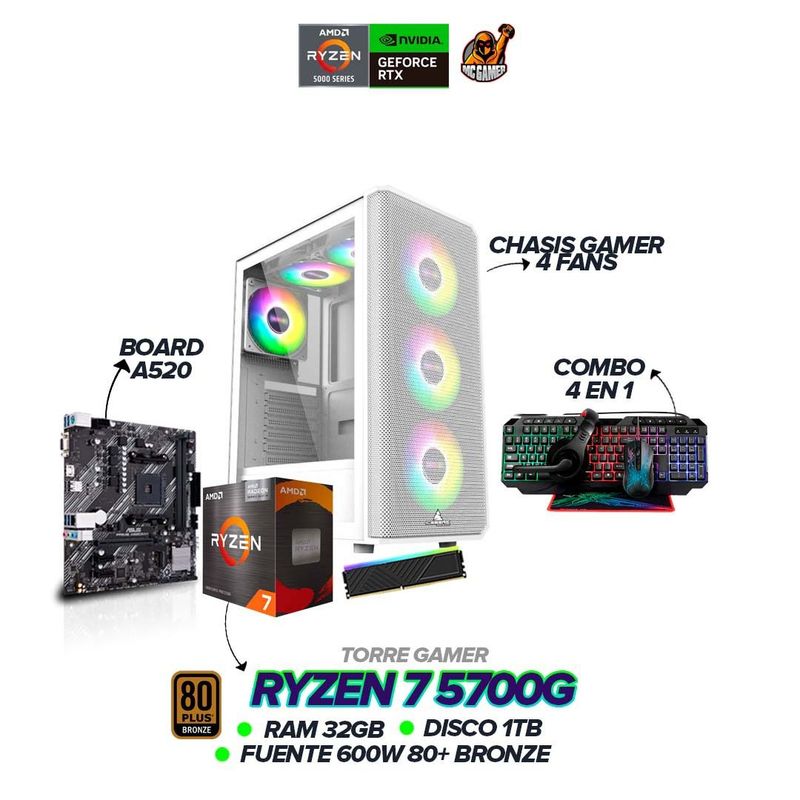 AMD - TORRE GAMER RYZEN 7 5700G / RAM 32GB / 1TB SSD / Board A520 / 600W 80+ BRONZE