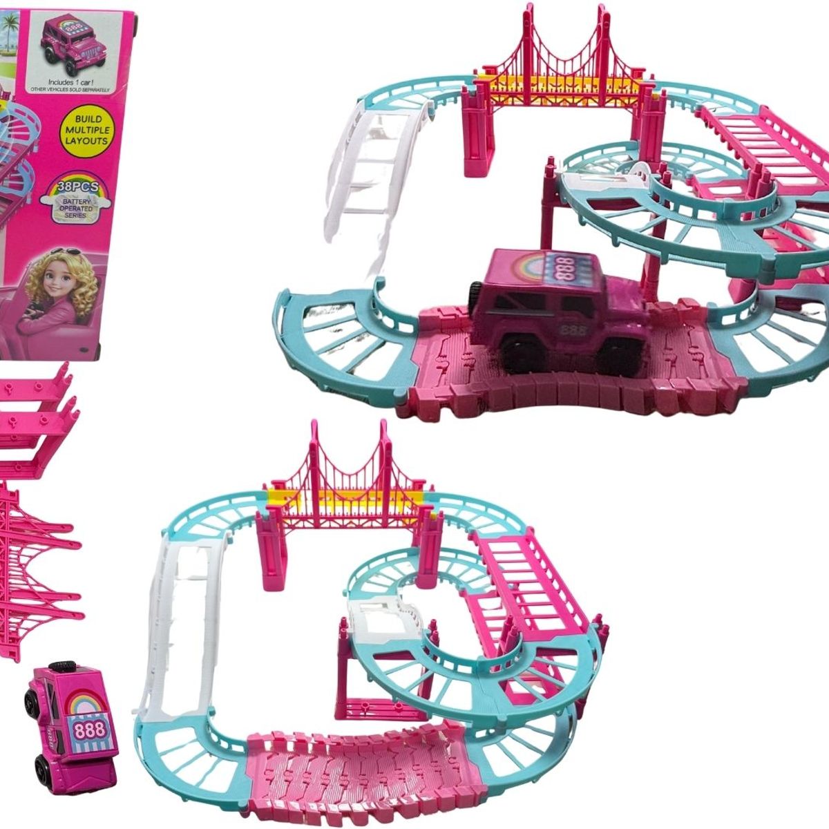 MAZUGI - Pista 38 Pcs Carreras Blanco Rosada Para Niñas Carro Rosado Rosa Chicle