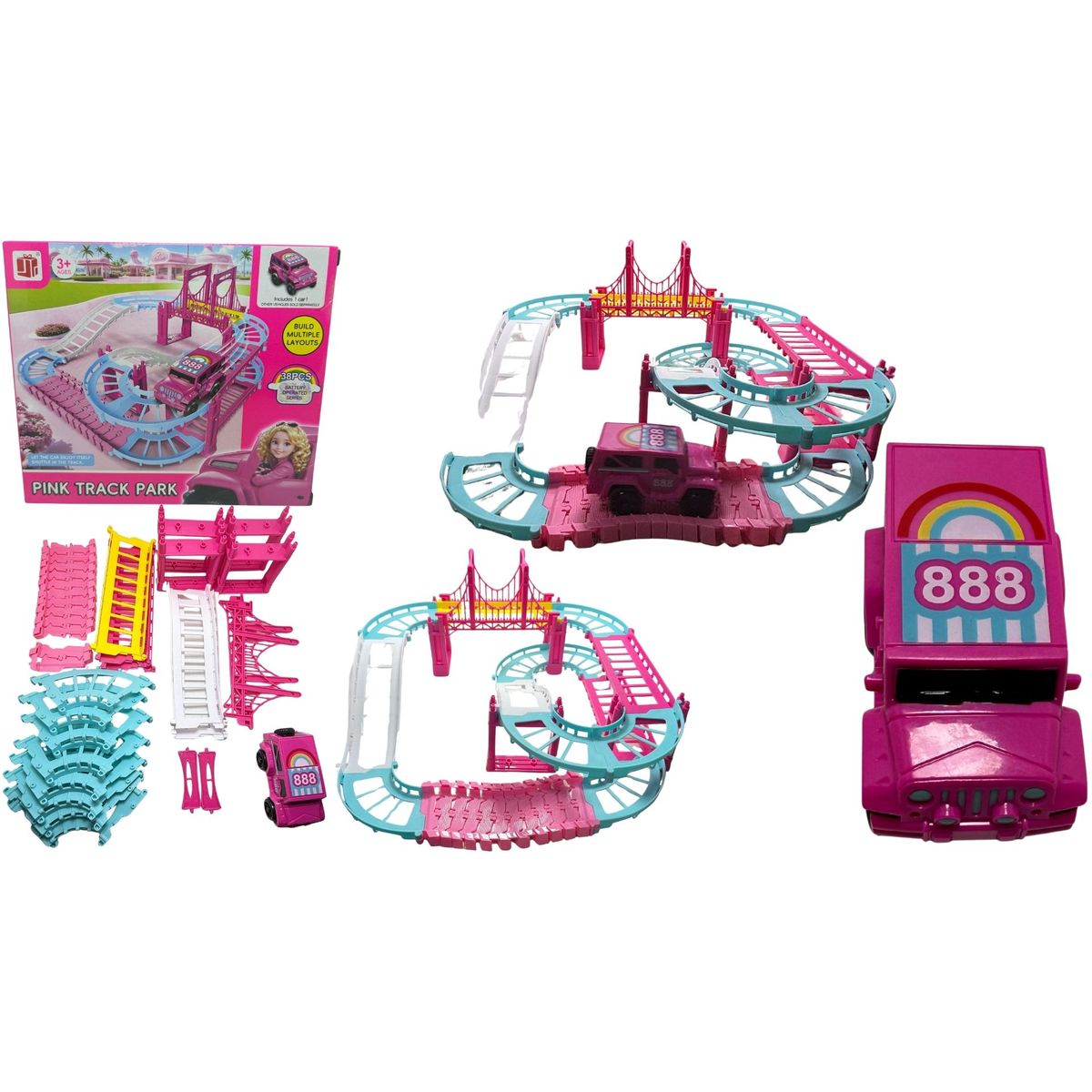 MAZUGI - Pista 38 Pcs Carreras Blanco Rosada Para Niñas Carro Rosado Rosa Chicle