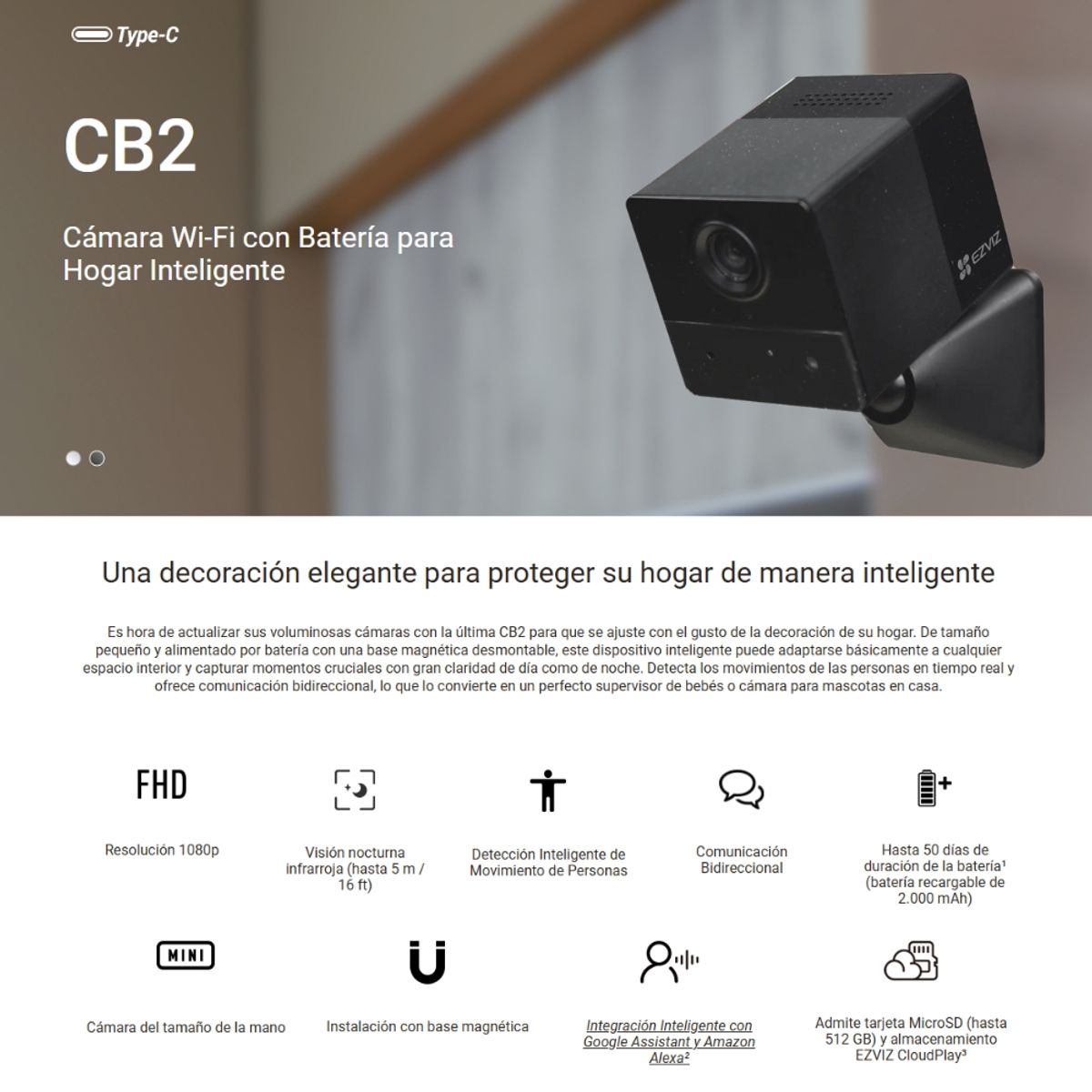 EZVIZ - Cámara WI-FI Con Batería Para Hogar Inteligente Ezviz CB2