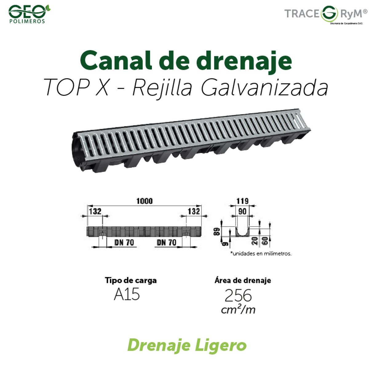 GENERICO - CANAL DE DRENAJE TOP X CON REJILLA GALVANIZADA A15