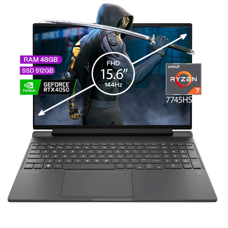 HP - PORTATIL GAMER HP VICTUS  AMD RYZEN 7 7445HS 48/ 512  RTX 4050 6 GB 15,6 FHD