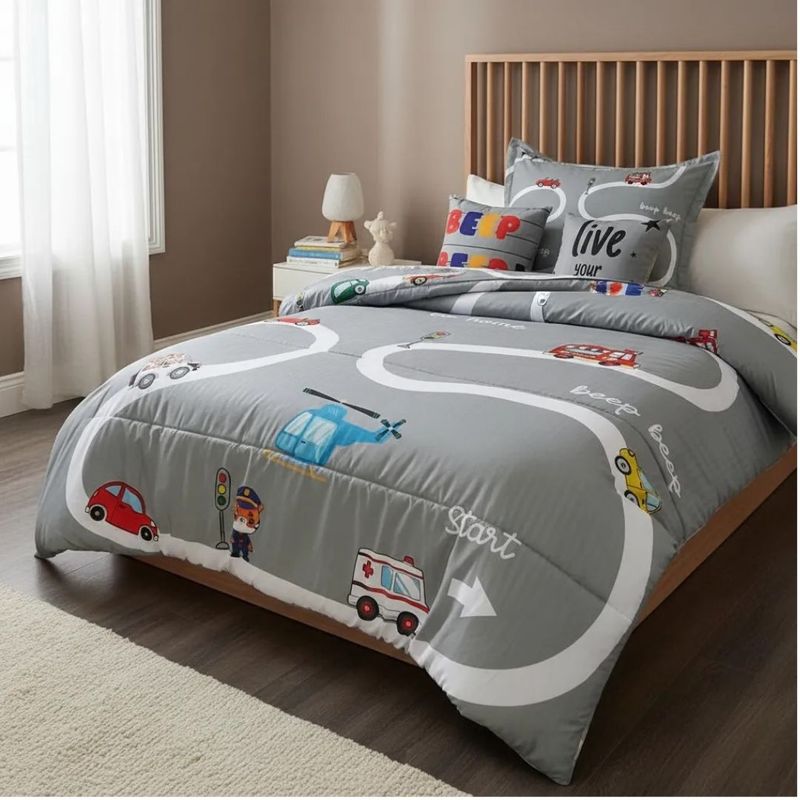 WONDER HOME - Cubrelecho Infantil Carritos Tipo Plumón con Fundas y Cojines