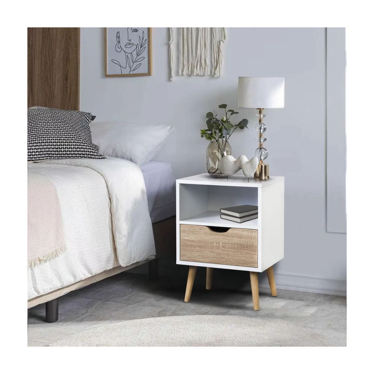 GENERICO - Mesa De Noche Moderna Estilo Nórdico Con Cajón Mate Blanco