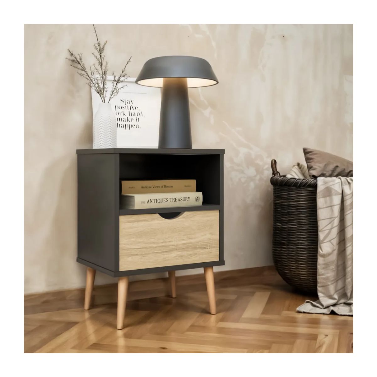 GENERICO - Mesa De Noche Moderna Estilo Nórdico Con Cajón Negra Mate Negro