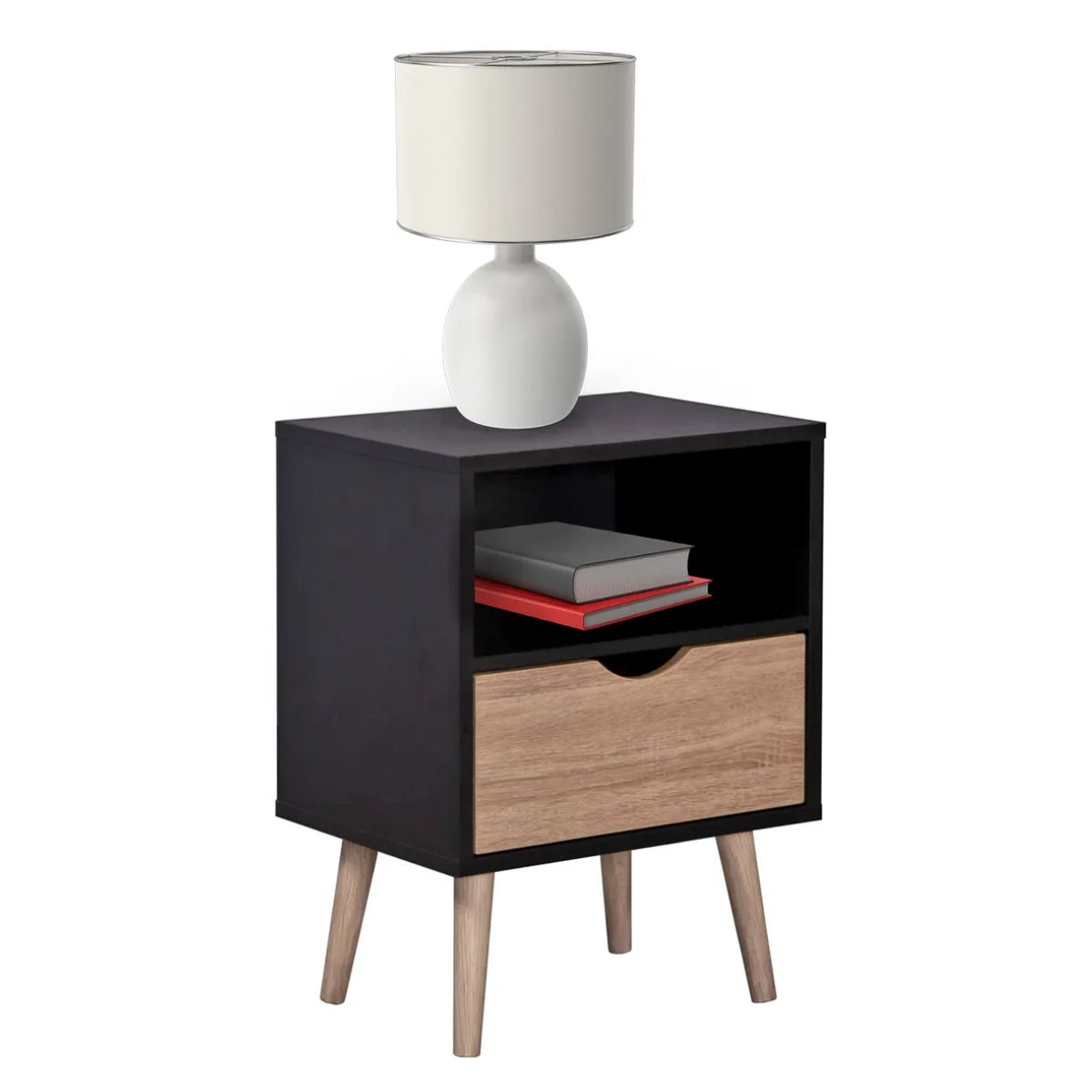 GENERICO - Mesa De Noche Moderna Estilo Nórdico Con Cajón Negra Mate Negro