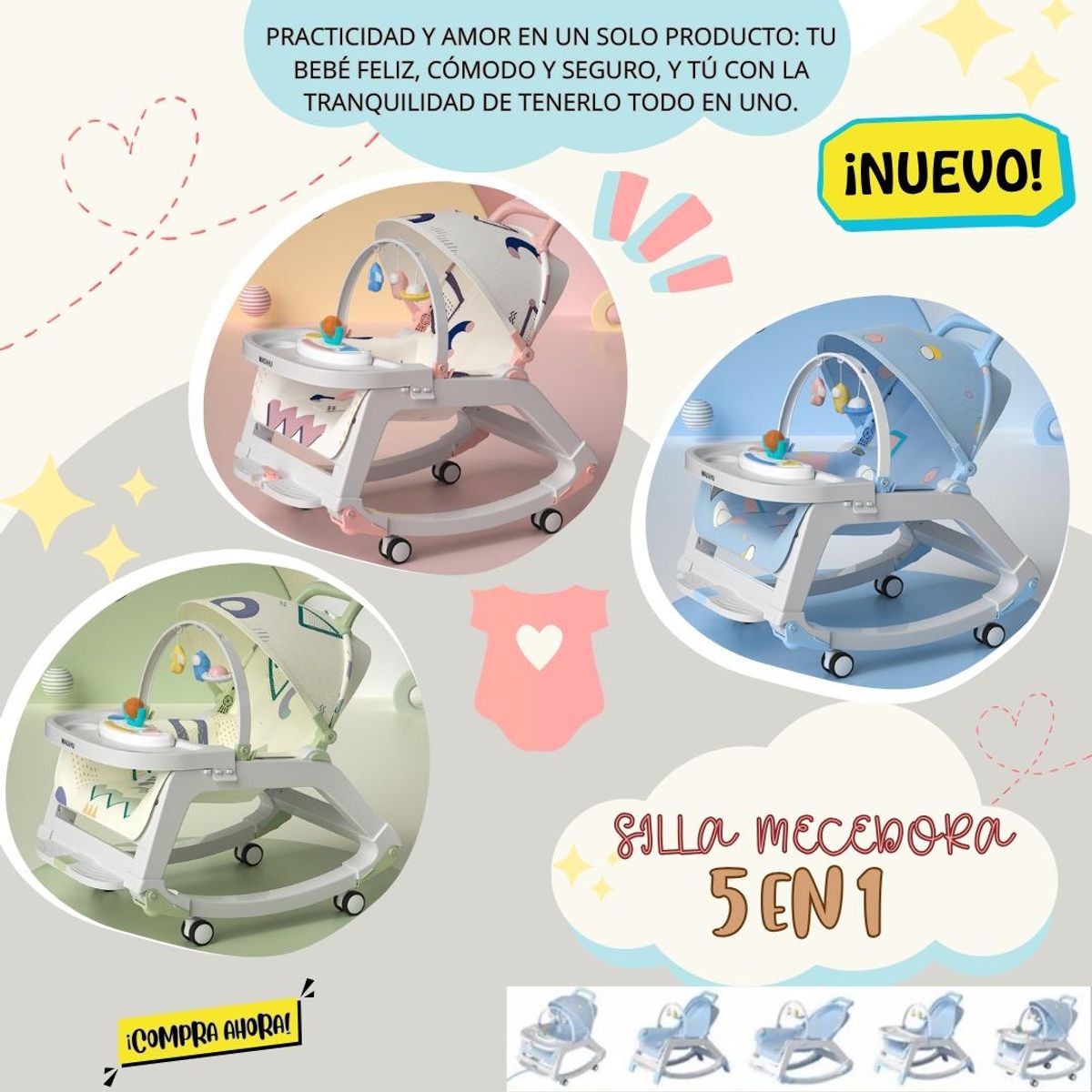 BEBESITOS - SILLA MECEDORA CON COMEDERO RUEDAS Y MAS 5 EN 1 VERDE