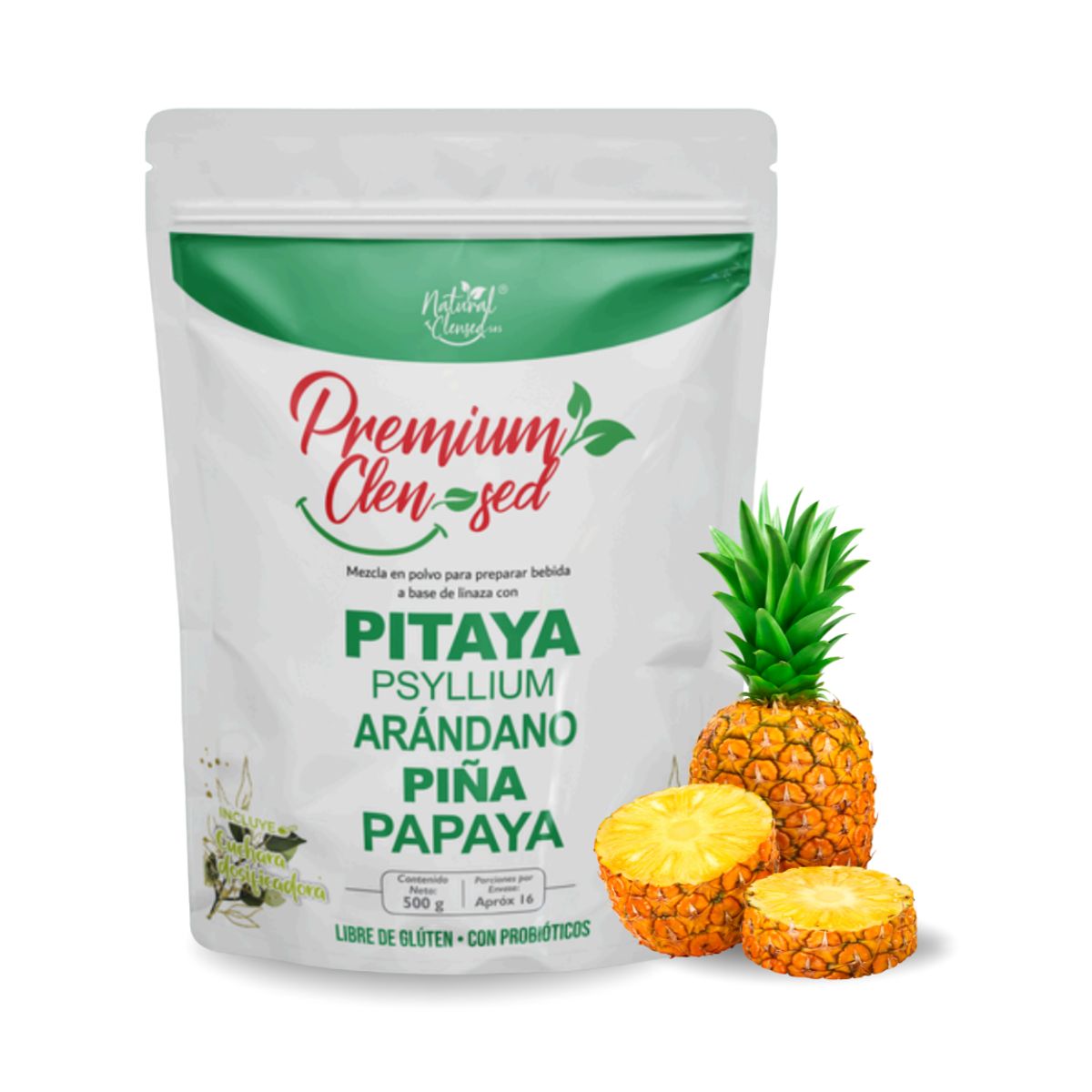 GENERICO - Fibra Natural con Probióticos Premium Clen-Sed 500g  Psyllium + Pitaya + Piña + Arándano + Papaya