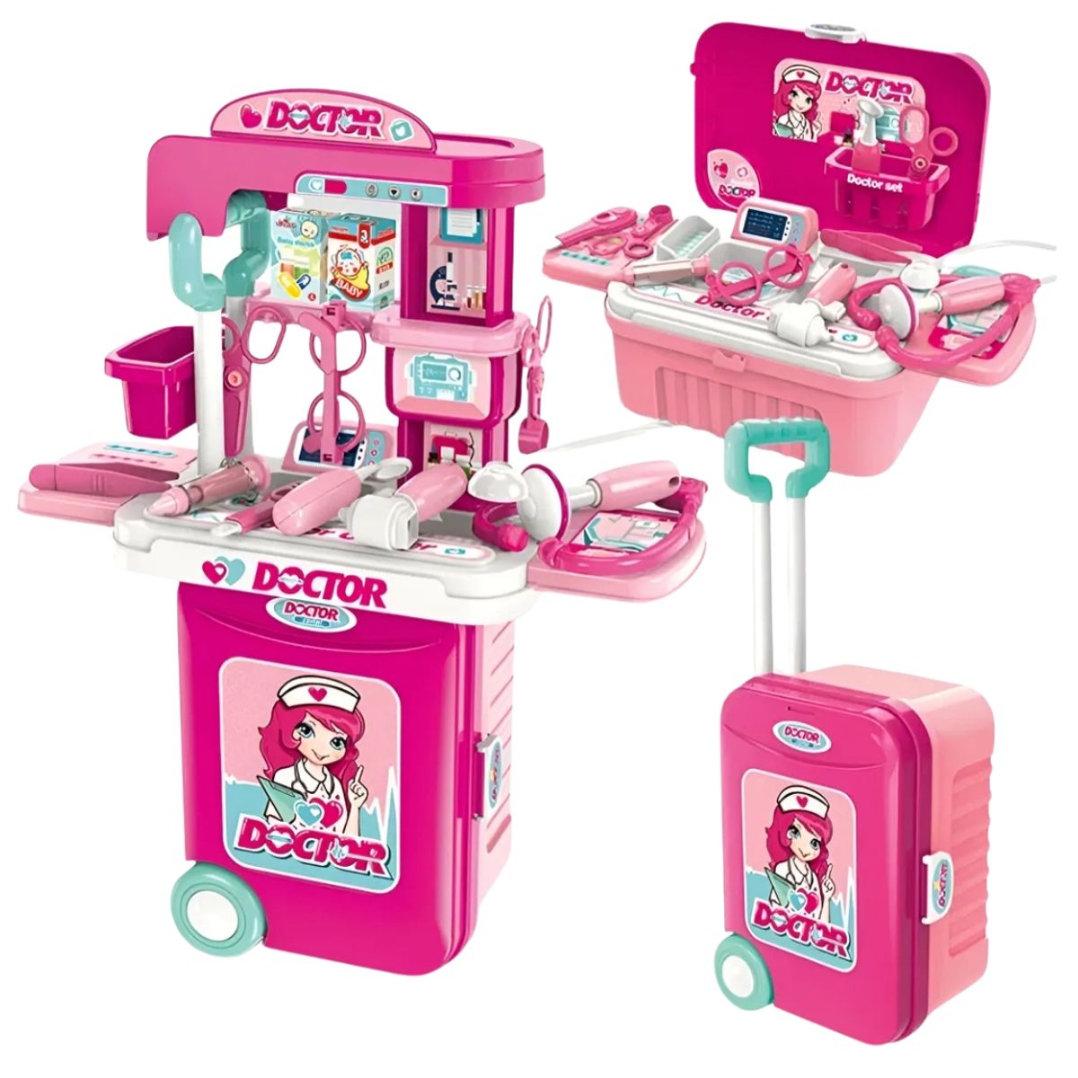 GENERICO - Maletín De Doctora 3 en1 Rodachín Rosado Juguete Didáctico