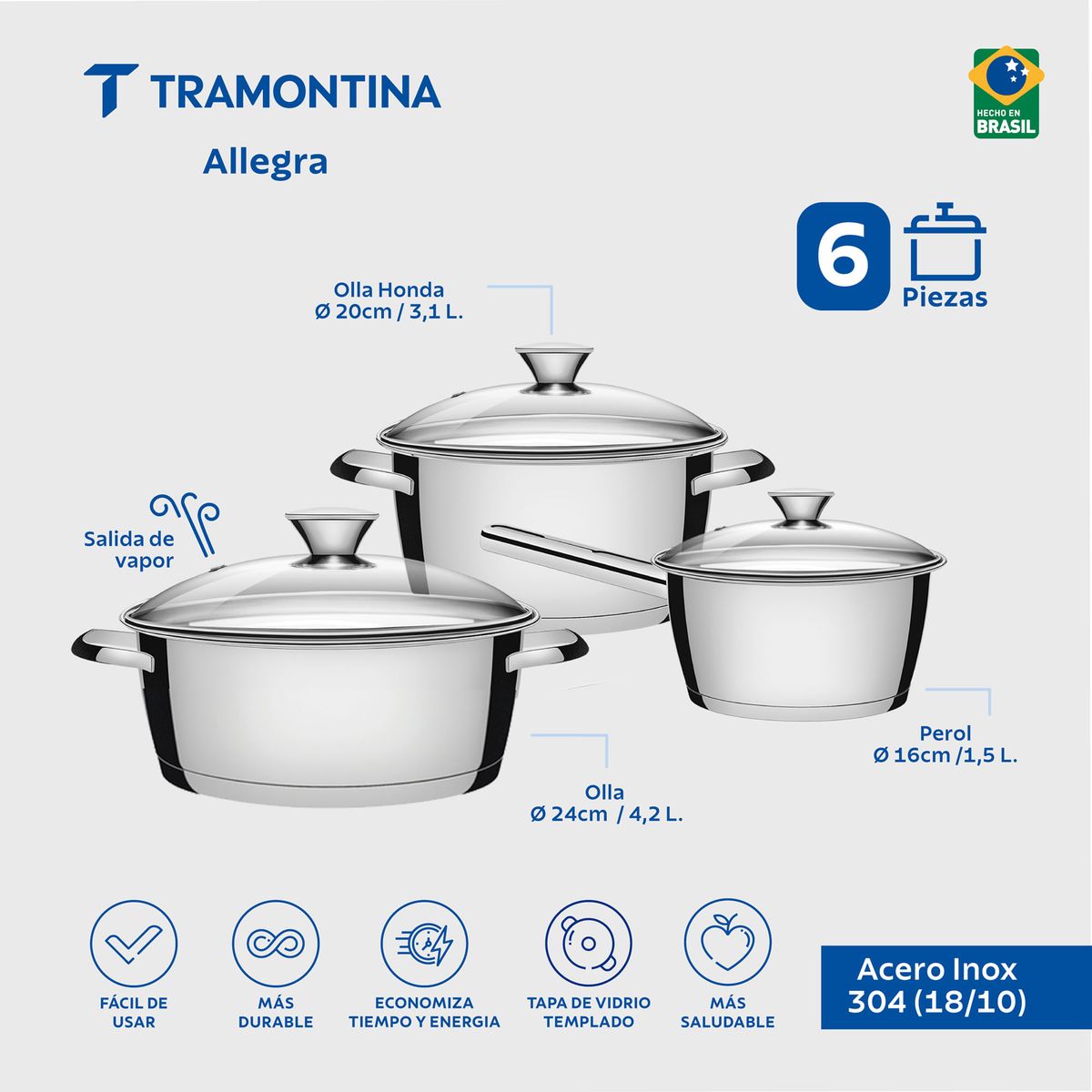 TRAMONTINA - Batería de cocina Allegra de acero inoxidable con fondo triple de 3 piezas Tramontina