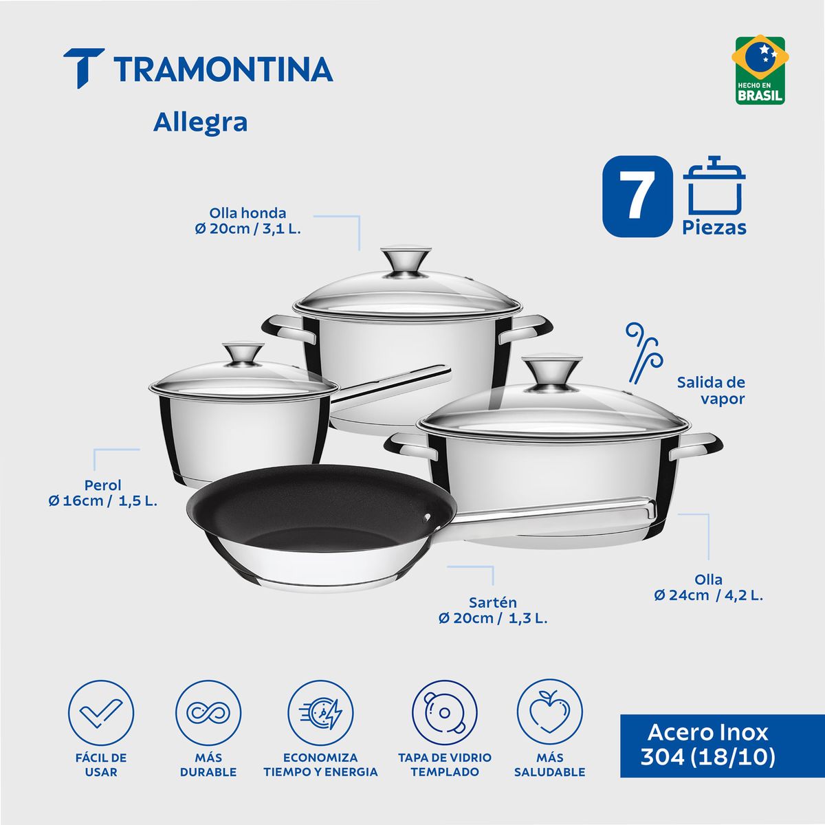 TRAMONTINA - Batería de cocina Allegra de acero inoxidable con fondo triple de 4 piezas Tramontina