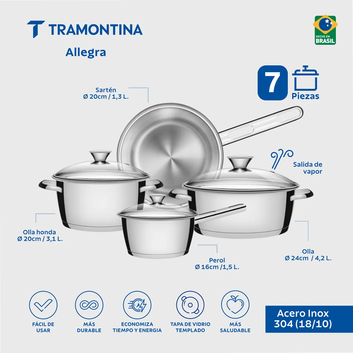 TRAMONTINA - Batería de cocina Allegra de acero inoxidable con fondo triple de 4 piezas Tramontina