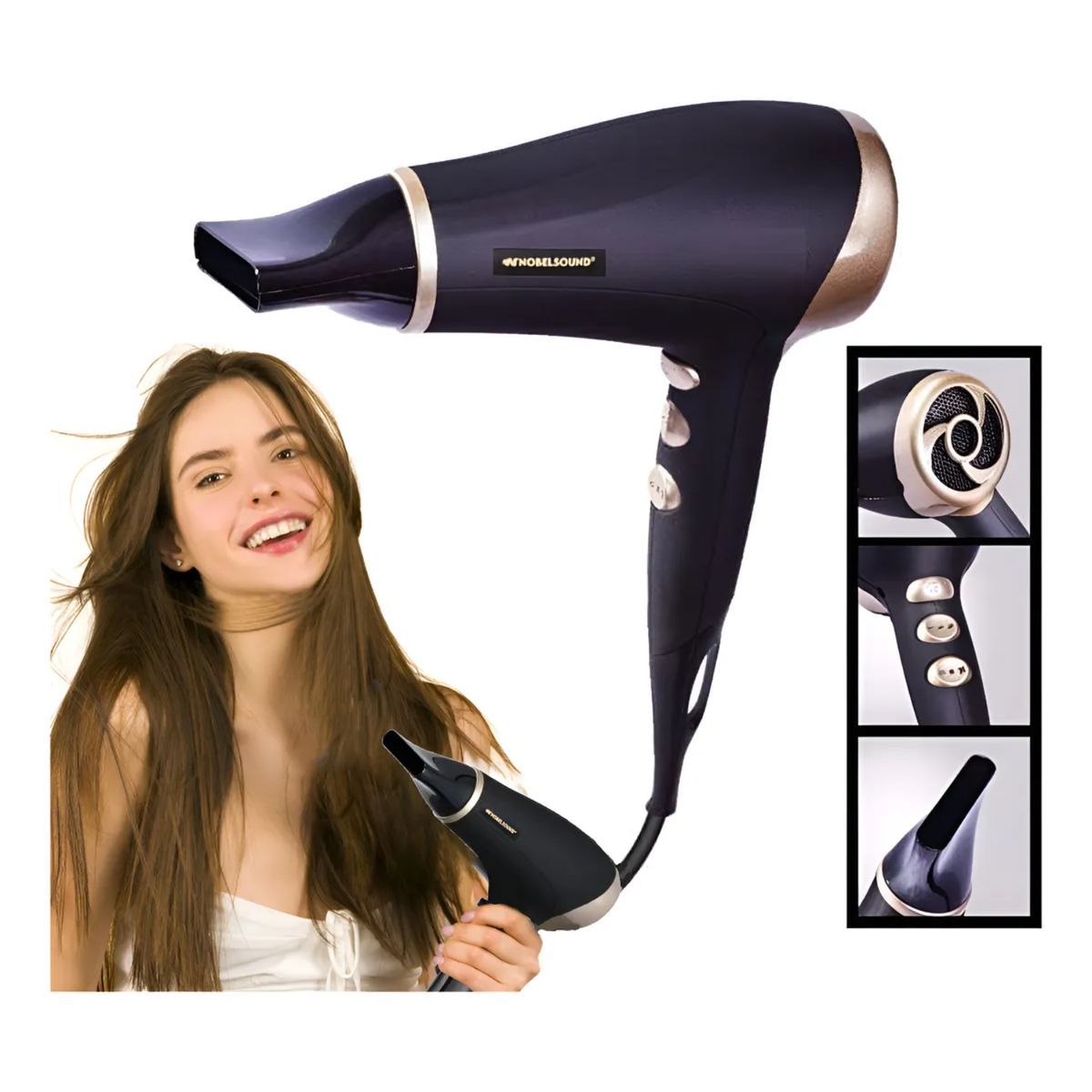 NOBELSOUND - Secador De Pelo Silencioso Color Negro Iones Negativos
