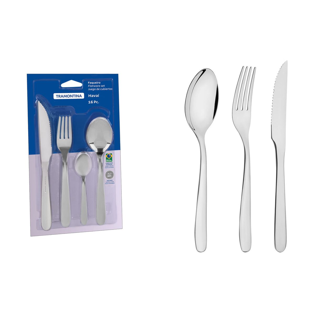 TRAMONTINA - Juego de cubiertos de 16 piezas Tramontina Havaí de acero inoxidable con cuchillos para asado