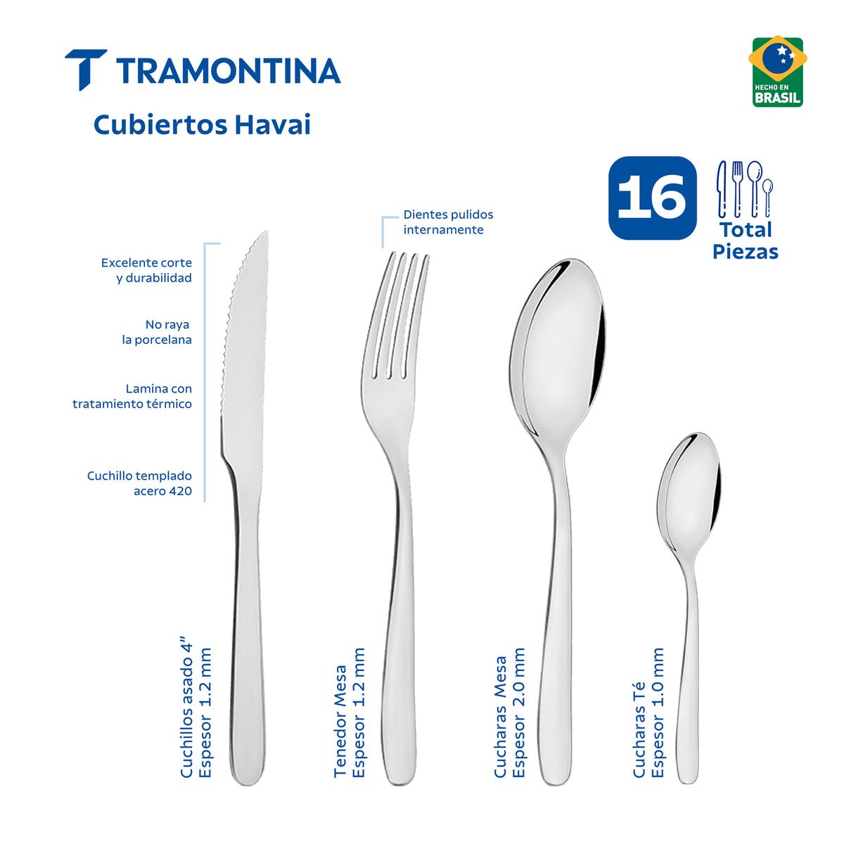 TRAMONTINA - Juego de cubiertos de 16 piezas Tramontina Havaí de acero inoxidable con cuchillos para asado