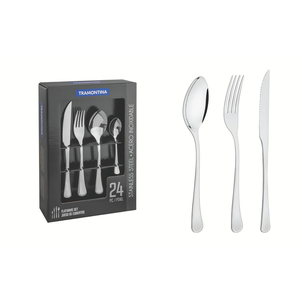 TRAMONTINA - Juego de cubiertos de 24 piezas Tramontina Havana de acero inoxidable con cuchillos para asado