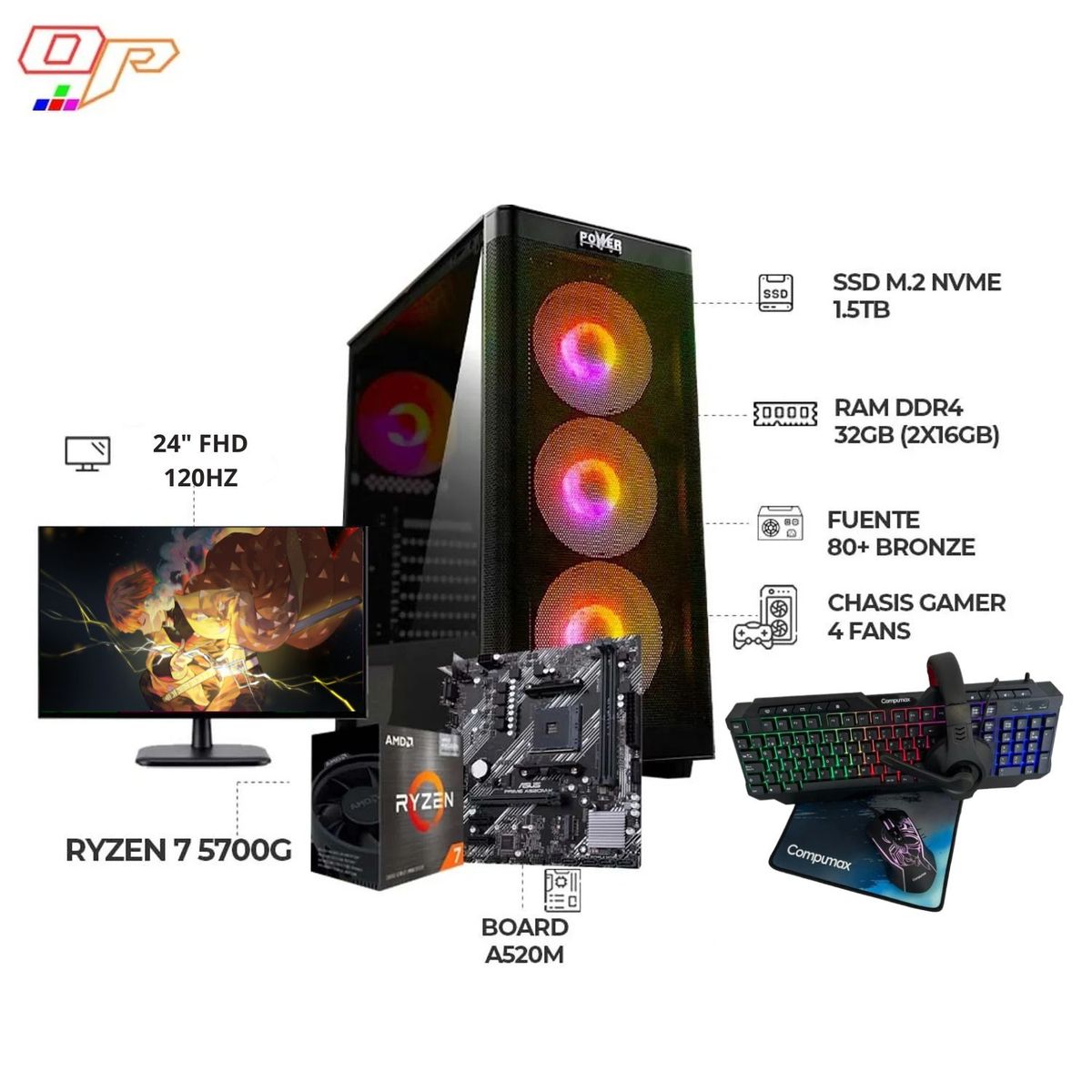 AMD - Computador Gamer Ryzen 7 5700G / 32GB / 1.5TB / Monitor 24" 120Hz / Combo Gamer