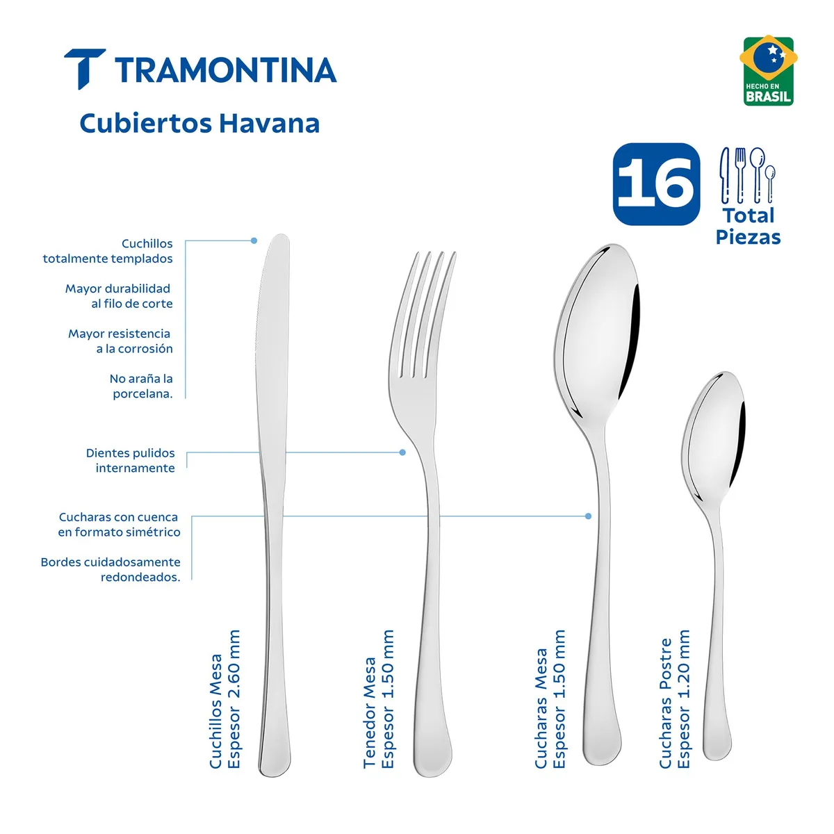 TRAMONTINA - Juego de cubiertos de 16 piezas Tramontina Havana de acero inoxidable con cuchillos para asado