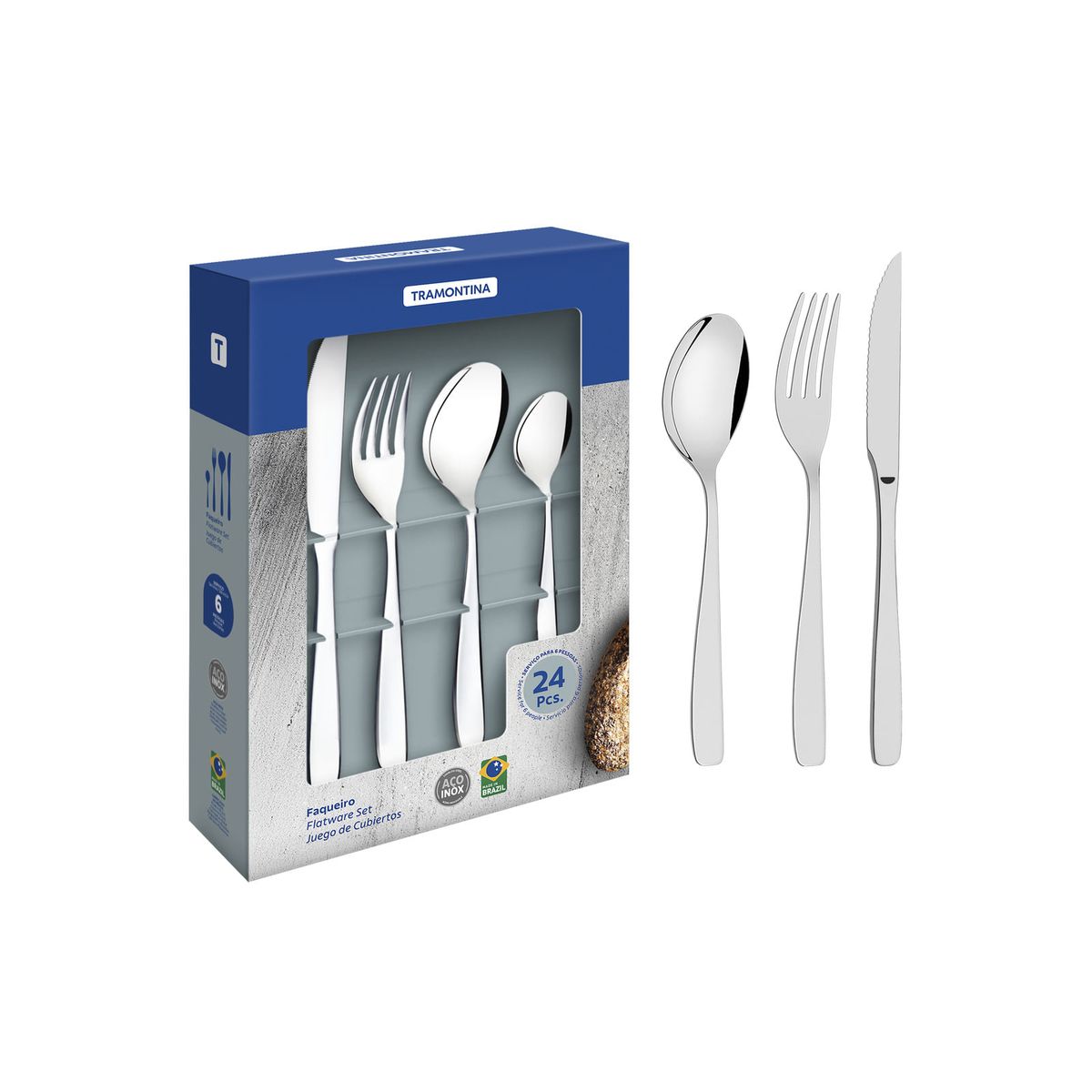 TRAMONTINA - Juego de cubiertos de 24 piezas Tramontina Cosmos de acero inoxidable con cuchillos para asado