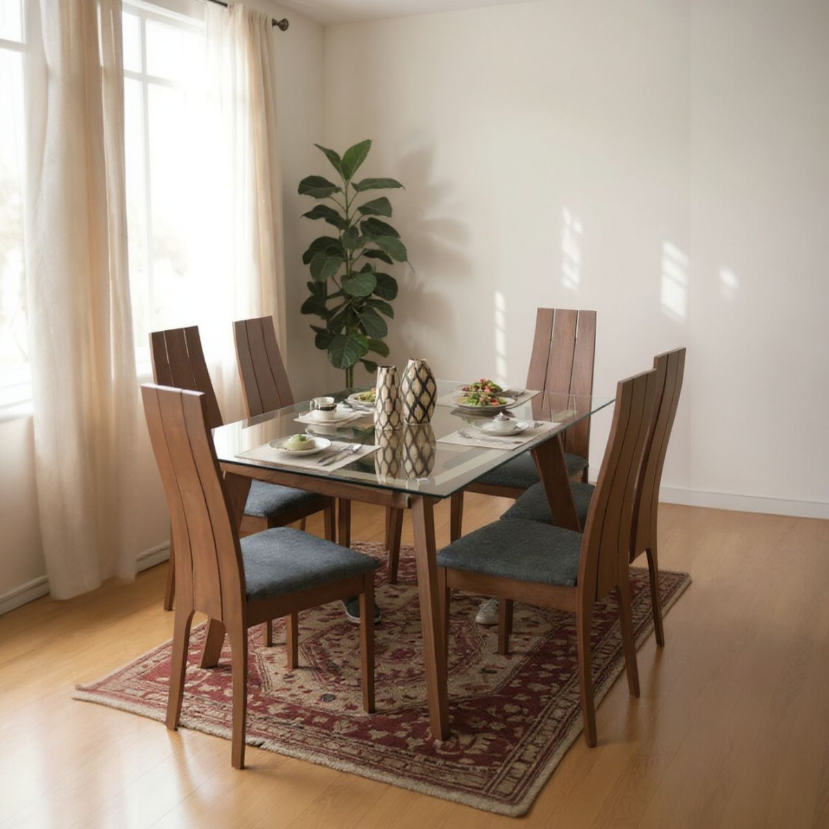 MUEBLES FIOTTI - Juego de comedor 6 puestos vidrio Caoba