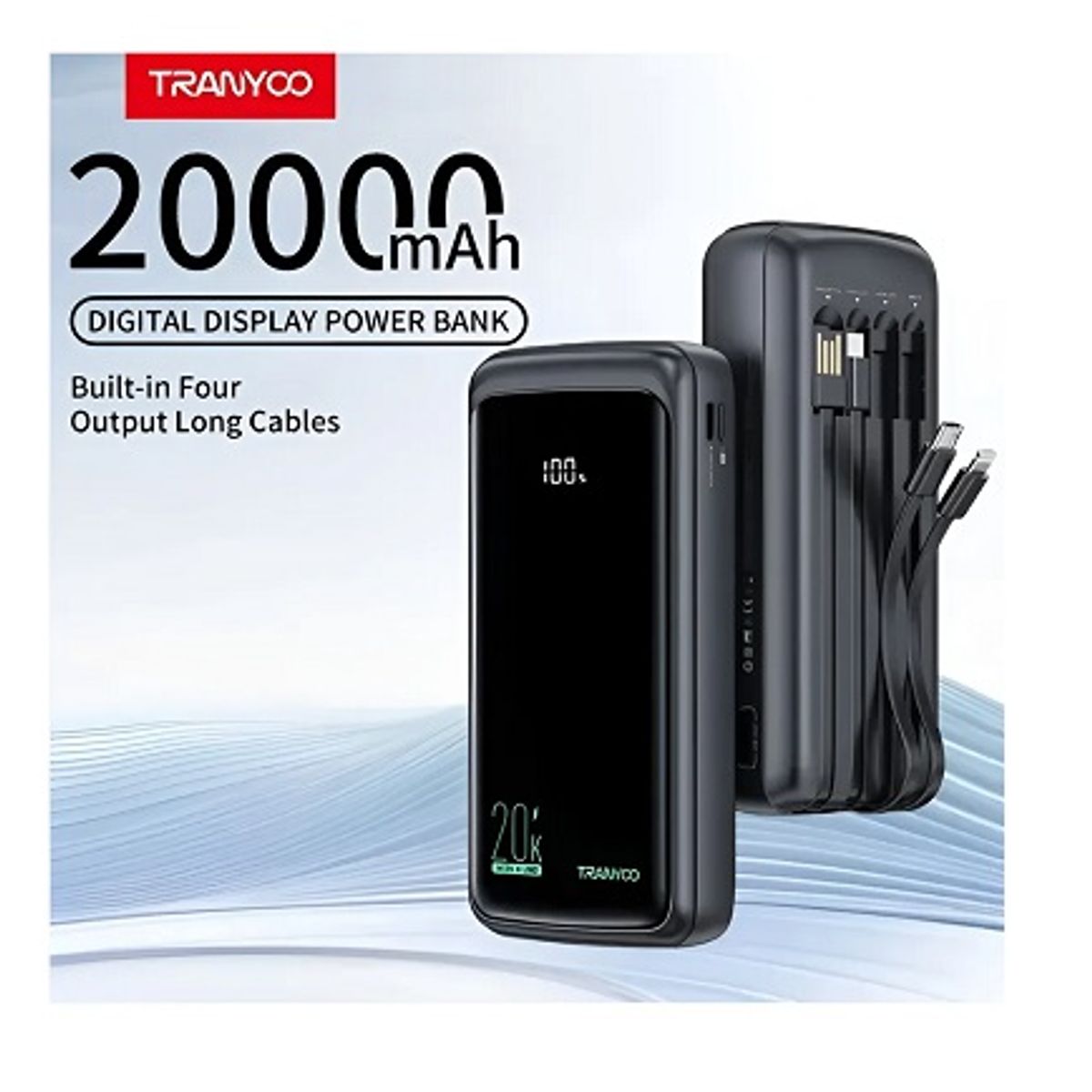 GENERICO - Power Bank 4 en 1 20000 mAh con Cables Integrados y Pantalla LED