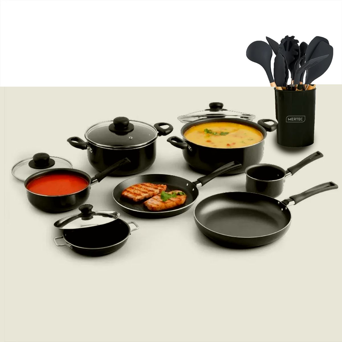 UNIVERSAL - Juego de Ollas Universal 11 Piezas Antiadherente + Set de Utensilios