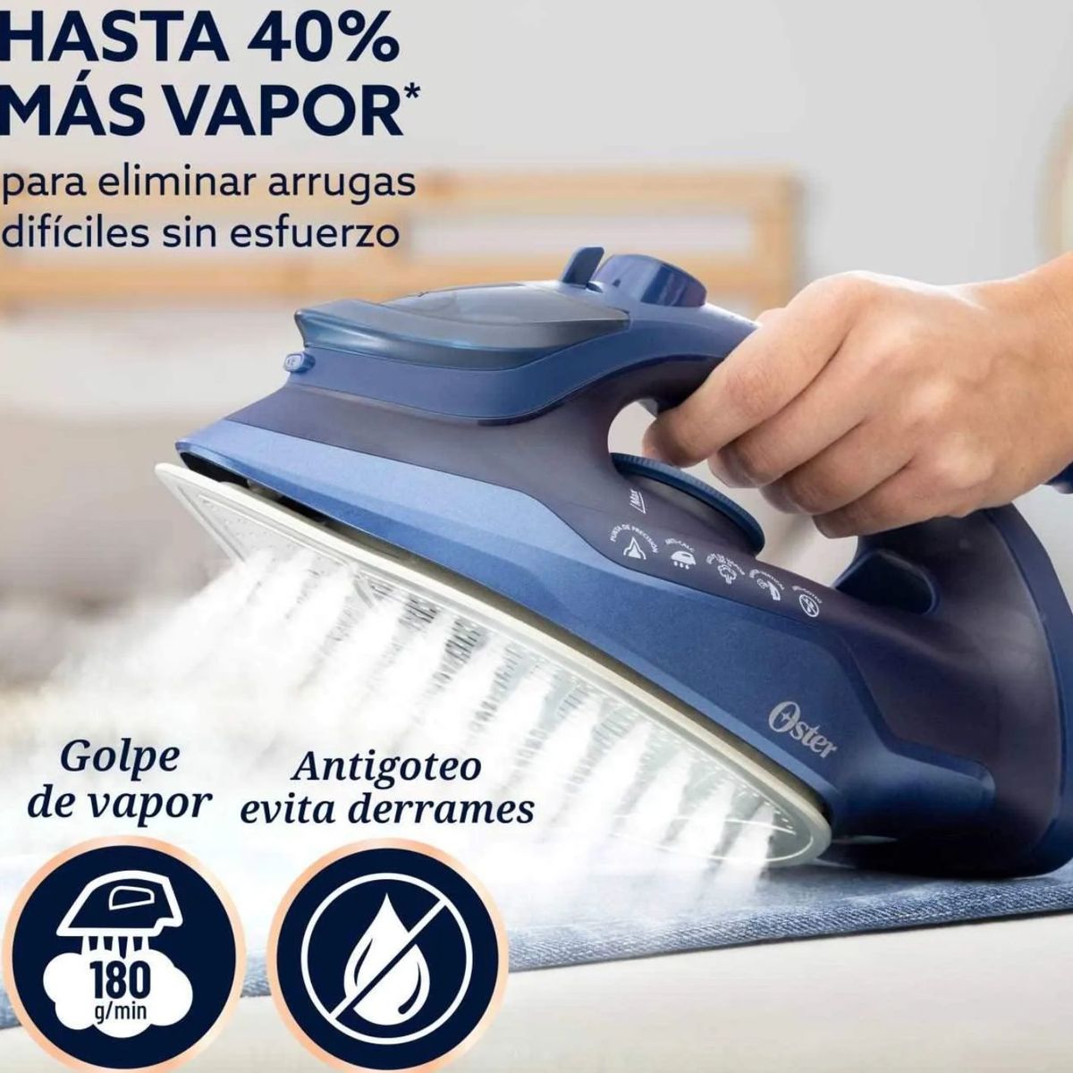 OSTER - Plancha de Ropa OSTER  Punta de precisión Gatillo y Golpe vapor Azul