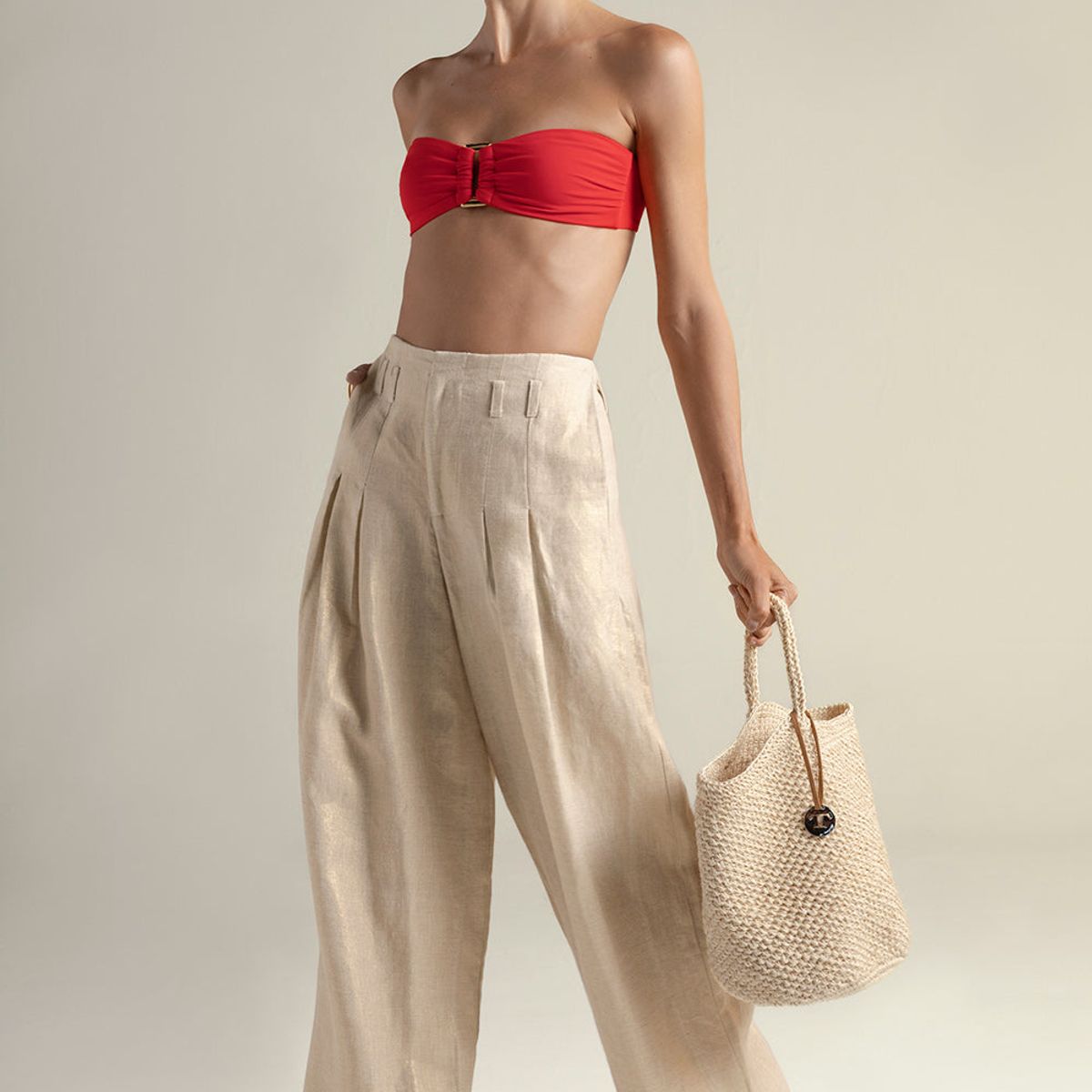 TOUCHE BALNEAIRE - Pantalón con prenses en lino 100% con brillo dorado 0A70C61