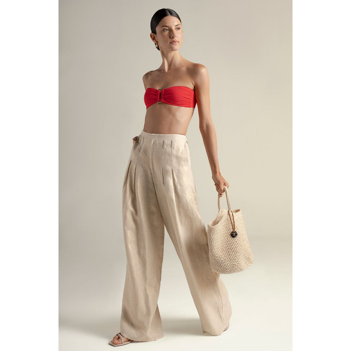 TOUCHE BALNEAIRE - Pantalón con prenses en lino 100% con brillo dorado 0A70C61