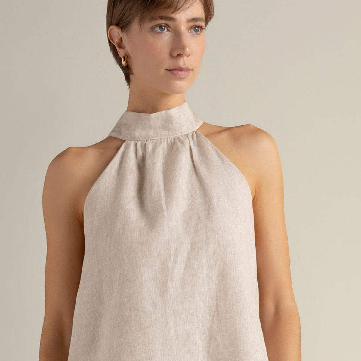 TOUCHE BALNEAIRE - Top halter en lino 100% color caqui 0A71C61