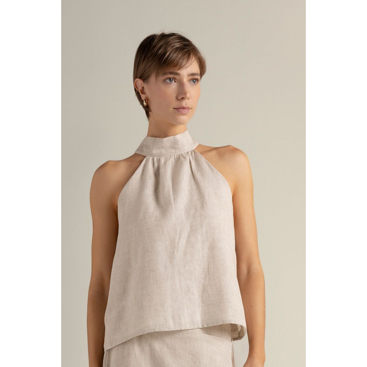 TOUCHE BALNEAIRE - Top halter en lino 100% color caqui 0A71C61