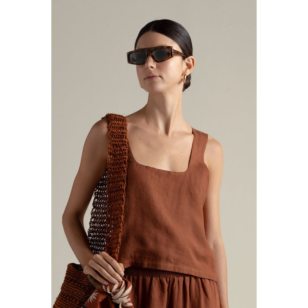 TOUCHE BALNEAIRE - Top corto en lino 100% color terracota 0A96T61