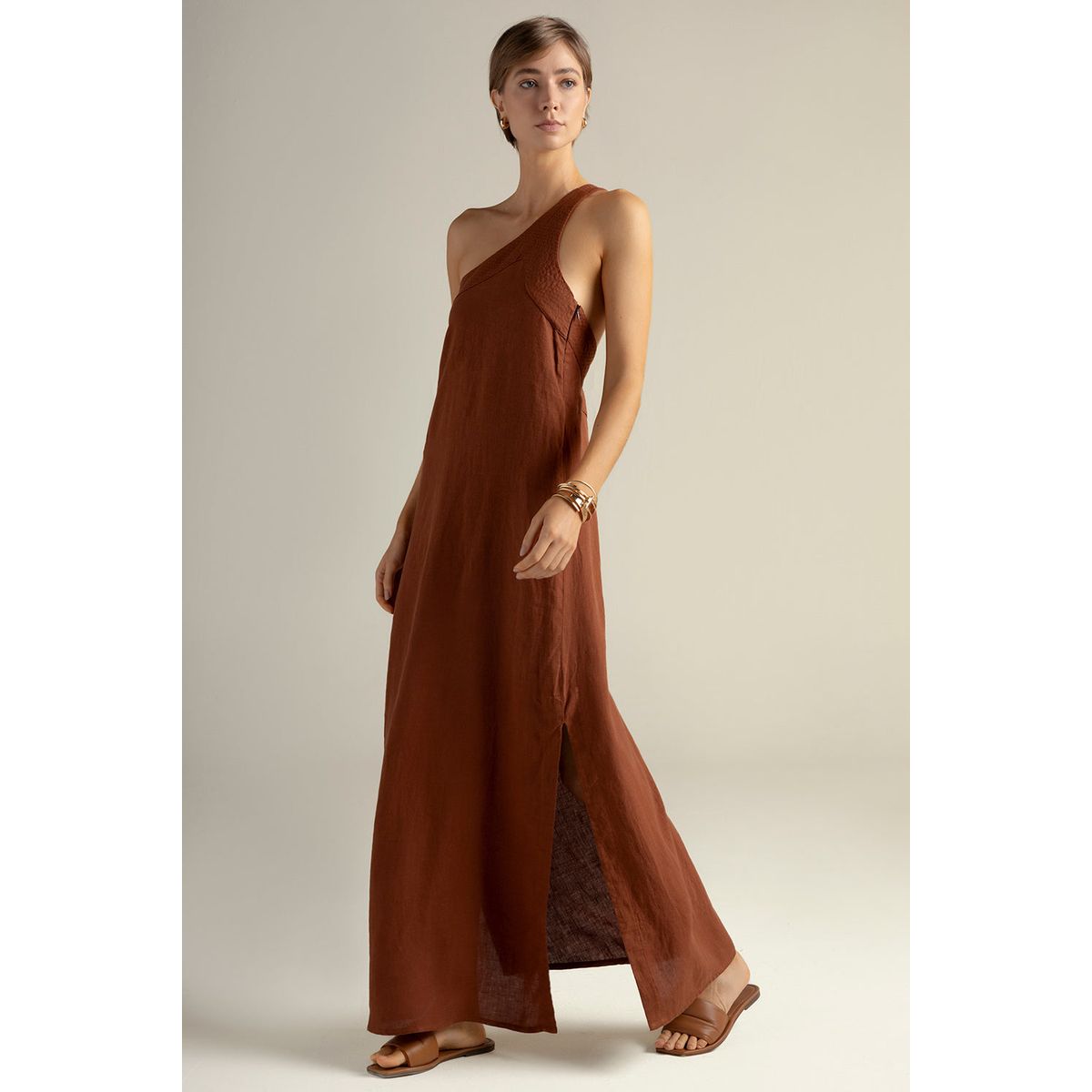 TOUCHE BALNEAIRE - Vestido largo de un solo hombro en lino 100% 0F32T61